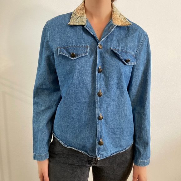 Vintage 80s Allison Che chambray collared floral tapestry button up blouse top - Picture 1 of 6